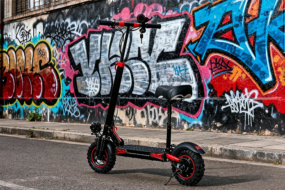 Side profile product shot of black and red Freeboy J11 Max seated foldable off-road electric scooter against vibrant graffiti street wall.