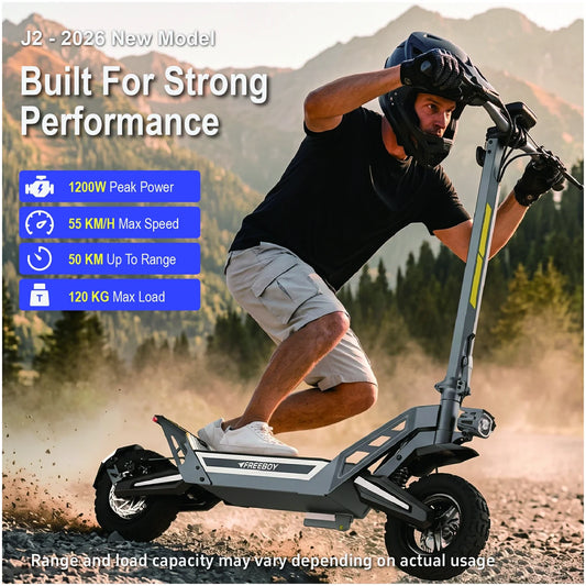 FREEBOY J2 MAX off-road electric scooter with 11-inch tires riding on gravel trail