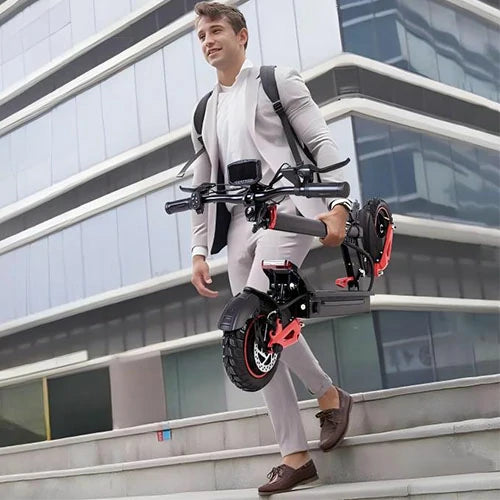 FREEBOY foldable electric scooter rider beside modern building exterior