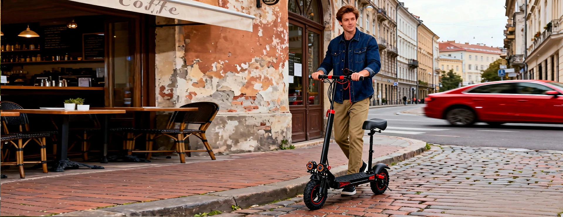FREEBOY electric scooter rider traveling urban street homepage banner image