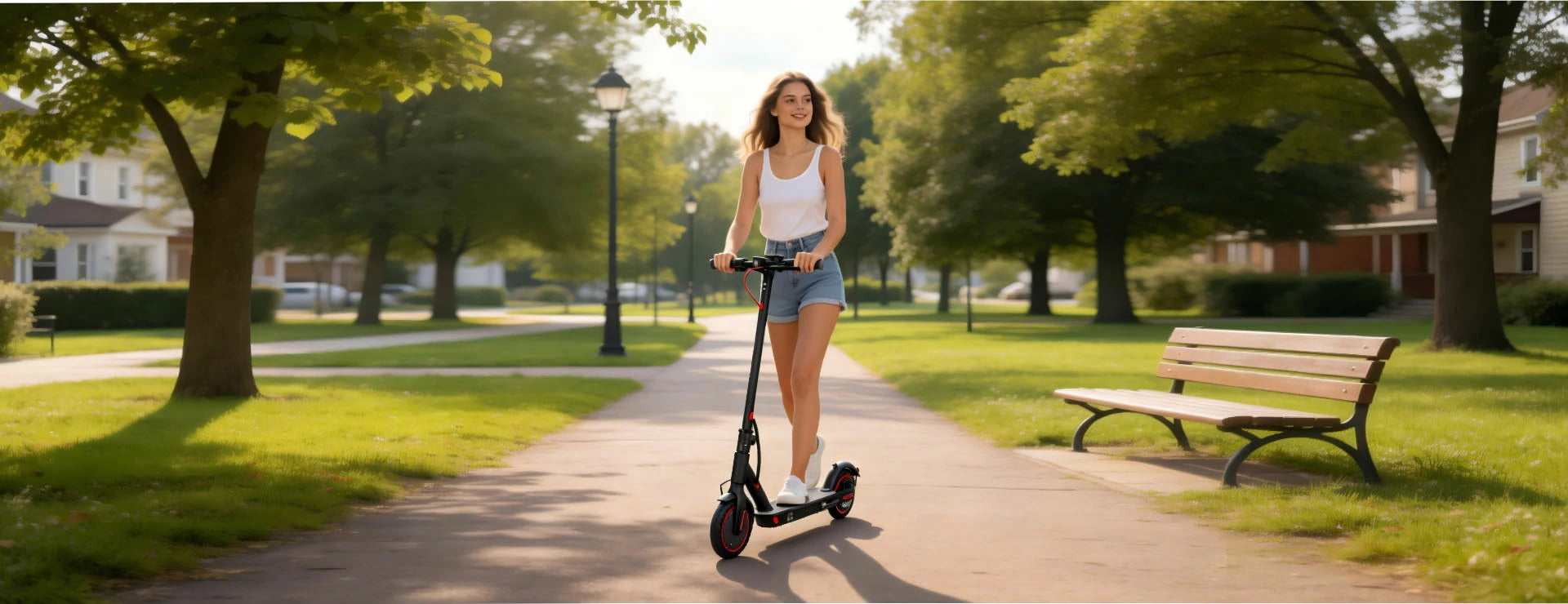 FREEBOY electric scooter rider cruising along woodland park pathway