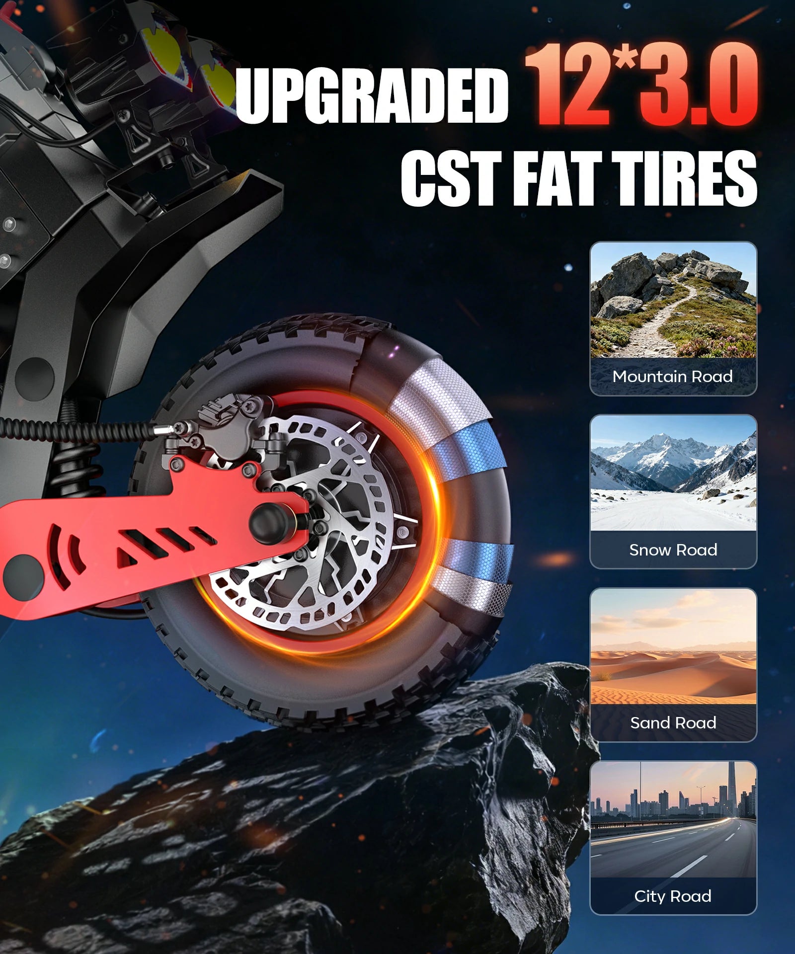 FREEBOY H10 electric scooter shock absorbing front tire feature close-up