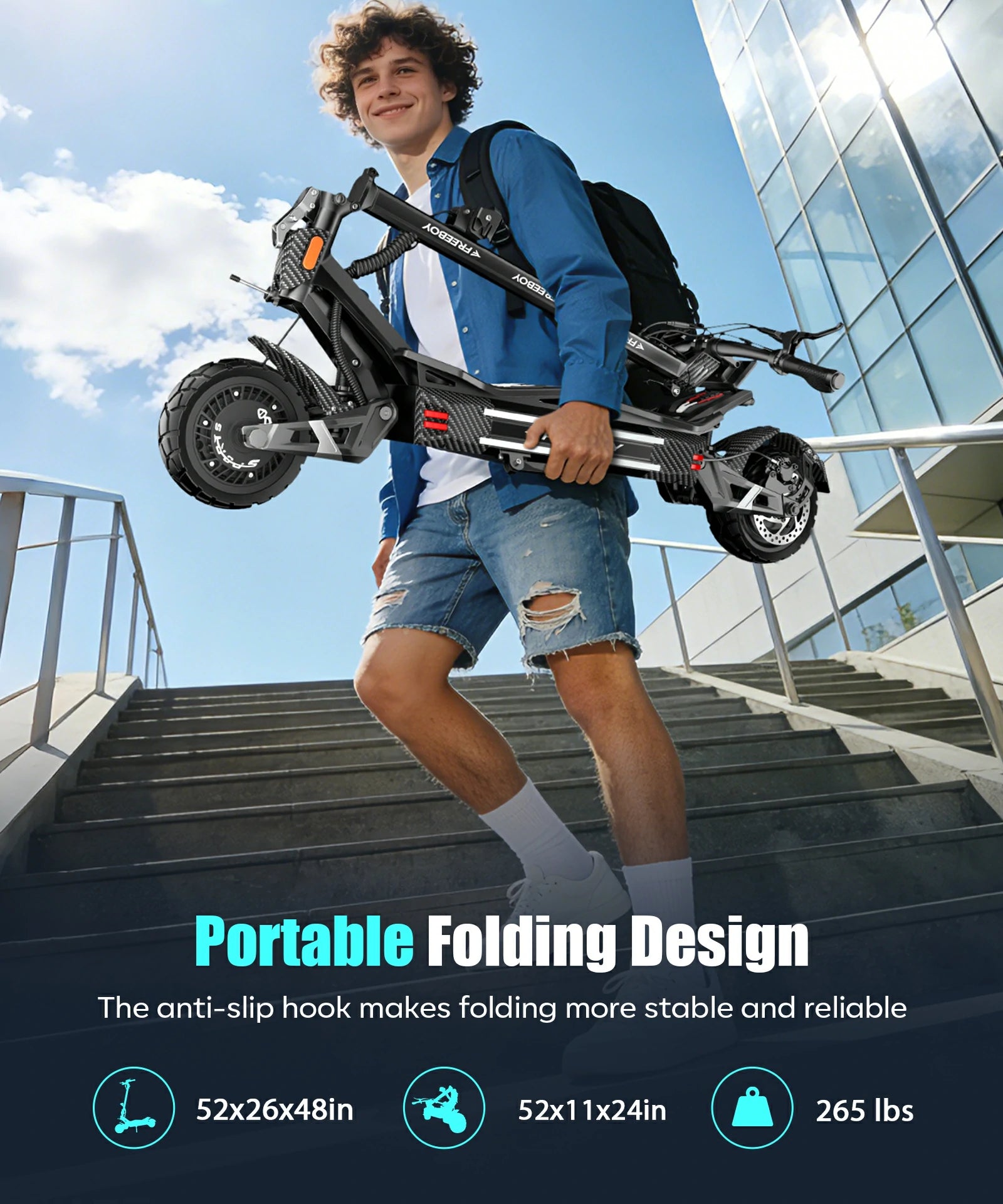 1. FREEBOY H16 scooter commuting riding scene promotional infographic